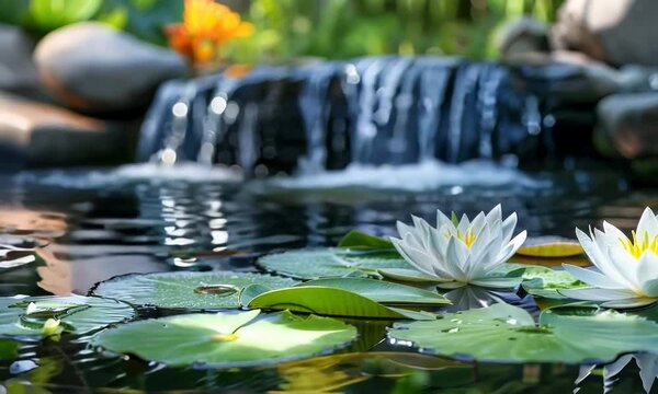 Beautiful pond with a waterfall and two white lilies floating on the surface. The water is calm and peaceful, creating a serene atmosphere. hyperrealistic Video