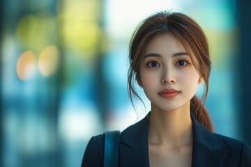 Obraz premium Beautiful young business woman feeling free with arms wide open outside, Generative AI