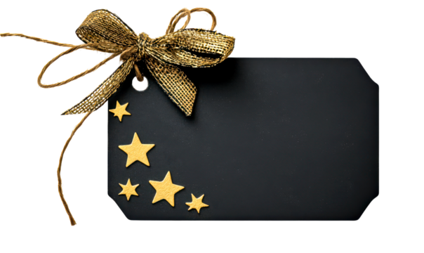 Black gift tag with gold stars and a bow isolate on transparent background, png, cutout
