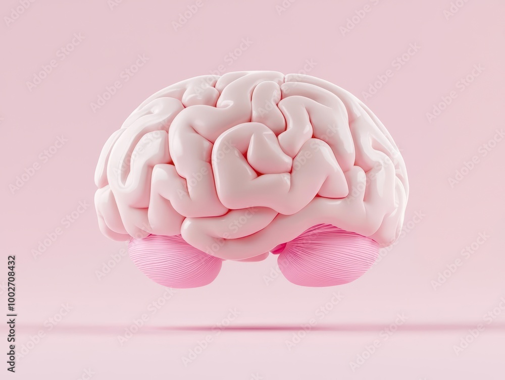 Poster a stylized, pink brain model floating against a soft pink background, representing creativity and co