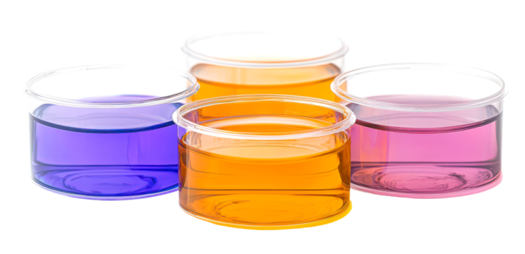 Colorful laboratory beakers filled with various liquids isolate on transparent background, png, cutout