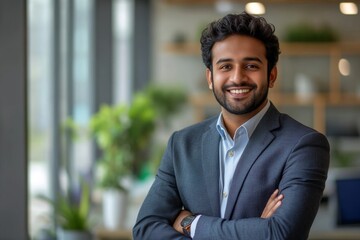 Happy indian business man in suit in modern office, Generative AI
