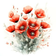 A charming bouquet of red poppies on a white background in watercolor technique, vibrant and delicate, perfect for floral designs.