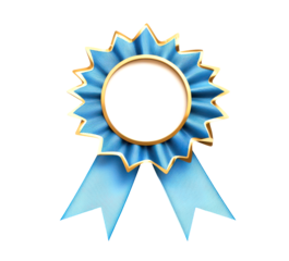 Blue ribbon with a gold border and a blank circle in the center isolate on transparent background, png, cutout