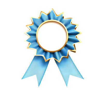 Blue ribbon with a gold border and a blank circle in the center isolate on transparent background, png, cutout