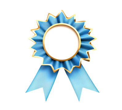 Blue ribbon with a gold border and a blank circle in the center isolate on transparent background, png, cutout