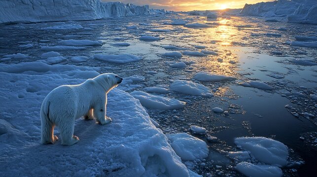 A polar bear standing on melting ice caps.