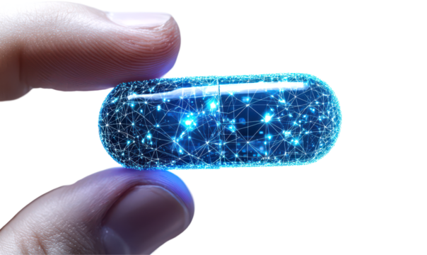 Digital representation of a futuristic capsule held between fingers isolate on transparent background, png, cutout