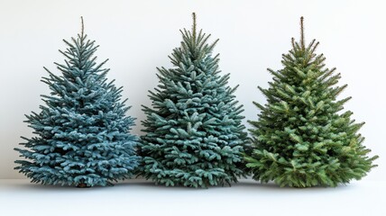 Christmas trees, blue ornaments, white background. Generative AI
