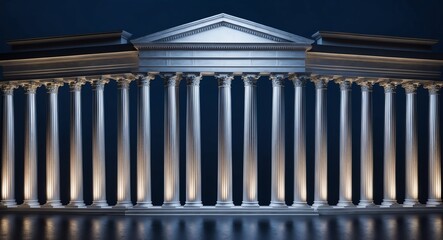 Fototapeta premium Silver Roman columns illuminated on a deep navy blue background for a classic feel