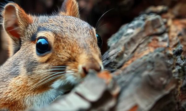Squirrel is peeking out from behind a log. Concept of curiosity and playfulness, as the squirrel is looking at the camera with its eyes wide open. hyperrealistic Video