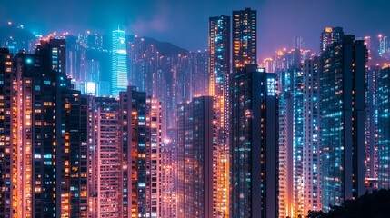 Obraz premium Vibrant city skyline illuminated at night showcasing high-rise buildings and city lights in a bustling urban landscape