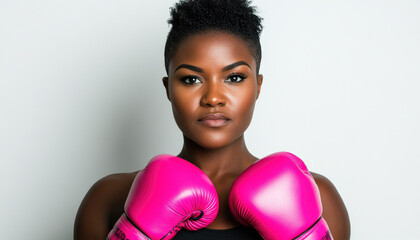  strong, determined woman with short natural hair wearing pink boxing gloves, looking directly at the camera with confidence