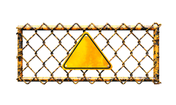 Rusty barricade with a yellow warning sign isolate on transparent background, png, cutout
