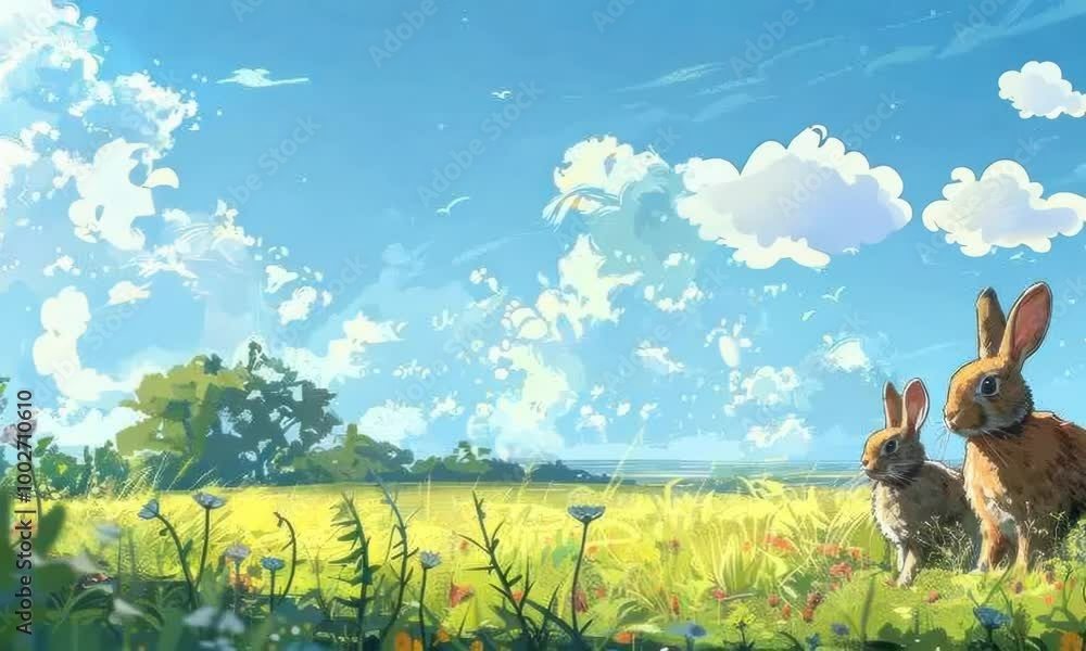 Poster two rabbits are standing in a field of flowers. the sky is blue and there are clouds in the backgrou