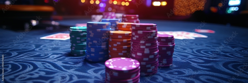 Aufkleber a lively poker table display featuring colorful stacks of chips at a bustling casino during the even