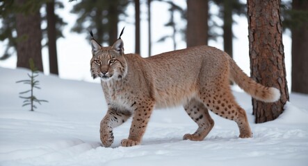 Fototapeta premium Strong Eurasian lynx cautiously navigating a snowy forest with tall pines around