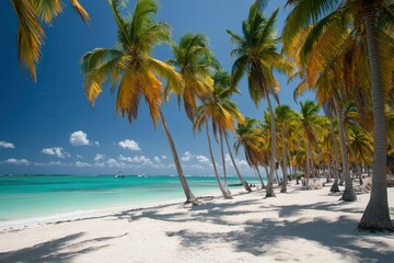 Fototapeta premium Tropical beach with turquoise water, white sand, and palm trees, serene coastal oasis