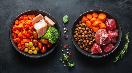 A side-by-side comparison of canned dog food and fresh ingredients like meat and vegetables, symbolizing the debate over balanced pet nutrition.