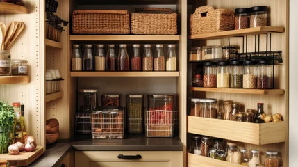 A small home kitchen pantry with storage bins, spice racks, and baskets, showing a well-organized space for storing kitchen supplies and food. © 69