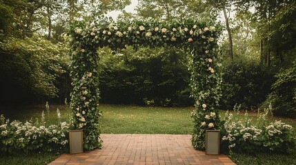 Stunning green arch backdrop adorned with lush foliage and florals creating a captivating nature inspired setting for elegant outdoor events weddings and ceremonies