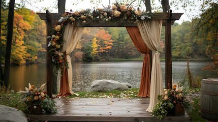 Rustic themed outdoor event arch backdrop with floral and foliage decor perfect for natural tranquil settings like weddings ceremonies or other in an idyllic forest lakeside or garden environment