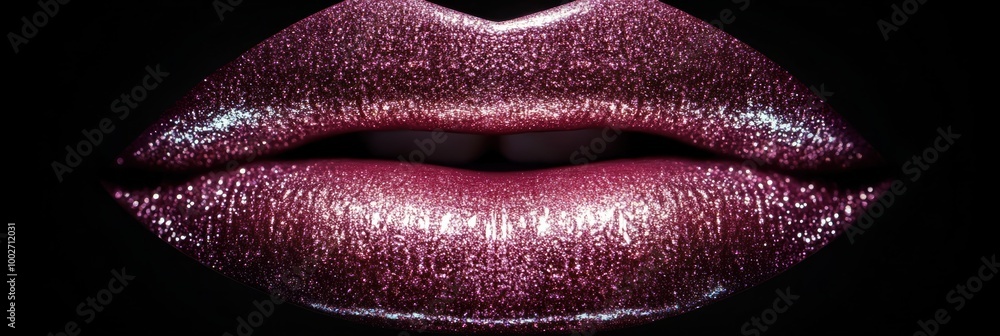 Poster close-up of glossy, vibrant lips with a shiny finish against a dark background showcasing beauty and