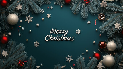 Festive Christmas background featuring pine branches, red ornaments, and snowflakes. Perfect for holiday greetings, seasonal designs, and joyful Christmas celebration content