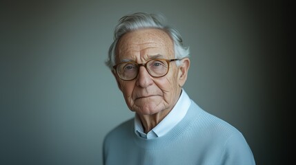 Fototapeta premium Serious senior man wearing glasses is posing on grey background