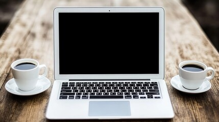 Fototapeta premium Modern Minimalist Desk Setup with Laptop and Coffee Cups