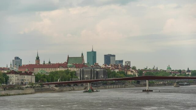 Warsaw Poland time lapse city skyline at Praga Footbridge and old town