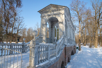 Marble Bridge on a frosty winter morning. Catherine Park, Tsarskoye Selo