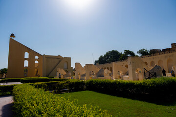 The Jantar Mantar observatory in Jaipur, India, featuring massive astronomical instruments used for celestial calculations and time measurement.