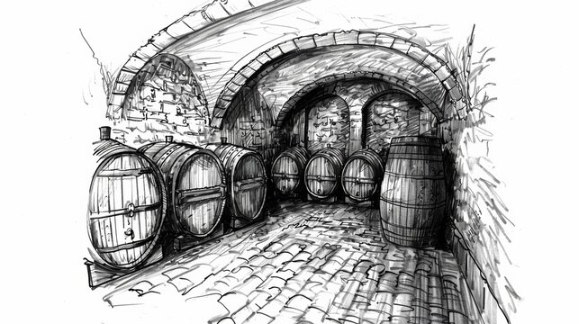 recommend clip art: Line sketch drawing of interior view of vintage wine cellar with barrels and wine bottle