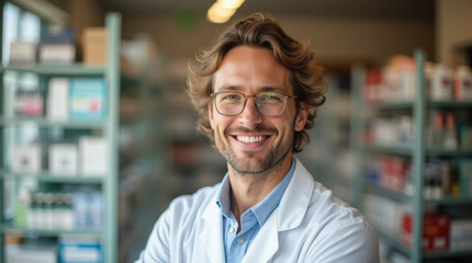 Obraz premium Friendly Pharmacist in Modern Pharmacy Storefront Interacting with Customer | Health Professional Offering Personalized Care
