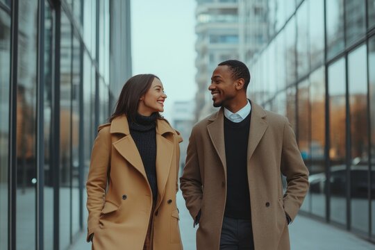 Elegant talking coworkers on street Contemporary diverse man and woman in classy outfits chatting friendly while strolling down empty street with modern building on, Generative AI