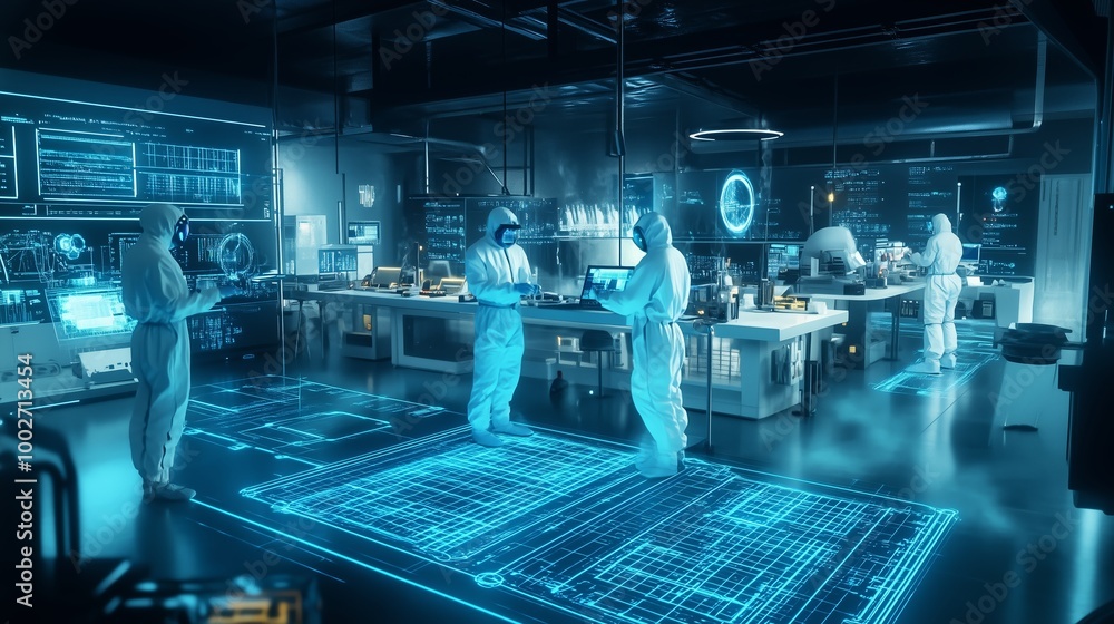 Aufkleber advanced research lab with scientists in protective gear working on innovative technologies in a fut