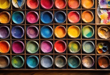 close view colorful watercolor paint swatches displaying bright hues detail saturated designs, artwork, pigments, paints, vibrant, saturation, textures