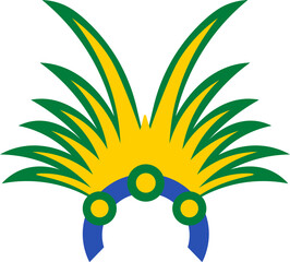 A vibrant vector illustration of a carnival headdress in colors of Brazilian flag in a flat cartoon style. Tourism campaigns, design brochures, flyers, or packaging featuring the festive elements for 