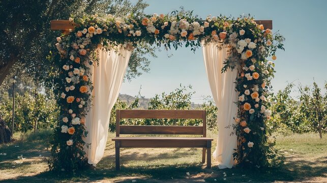 Stunning floral arch adorned with lush greenery and vibrant roses providing a beautiful backdrop for an outdoor or wedding  The arch can also double as a photo booth