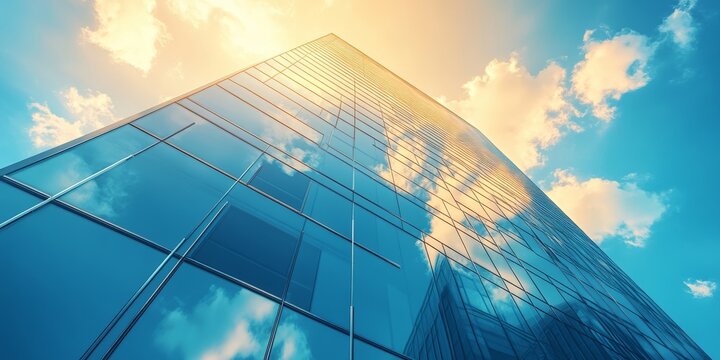 The exterior of a tall generic corporate office building with square glass windows reflects the clouds, Generative AI
