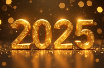 Holiday background Happy New Year 2025. Numbers of year 2025 made by gold candles on bokeh festive sparkling background. celebrating New Year holiday, close-up. Space for text