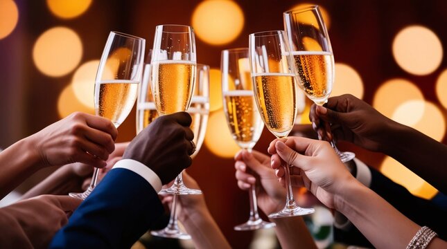Celebratory Image of Diverse Group Raising Glasses in a Toast, Filled with Golden Sparkling Beverage Against a Blurred Background of Warm Bokeh Lights, Capturing Joy and Camaraderie