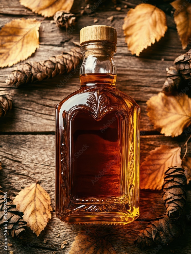Poster a detailed close-up of a whiskey bottle surrounded by pinecones and autumn leaves on a rustic wooden