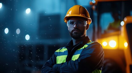 Confident construction worker in safety gear at night