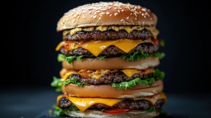 A stack of fast food burgers with golden buns, beef patties, cheese, and lettuce, perfect for an indulgent meal.