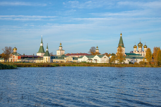 Iversky Bogoroditsky Svyatoozersky monastery in the golden autumn. Valdai, Novgorod region. Russia