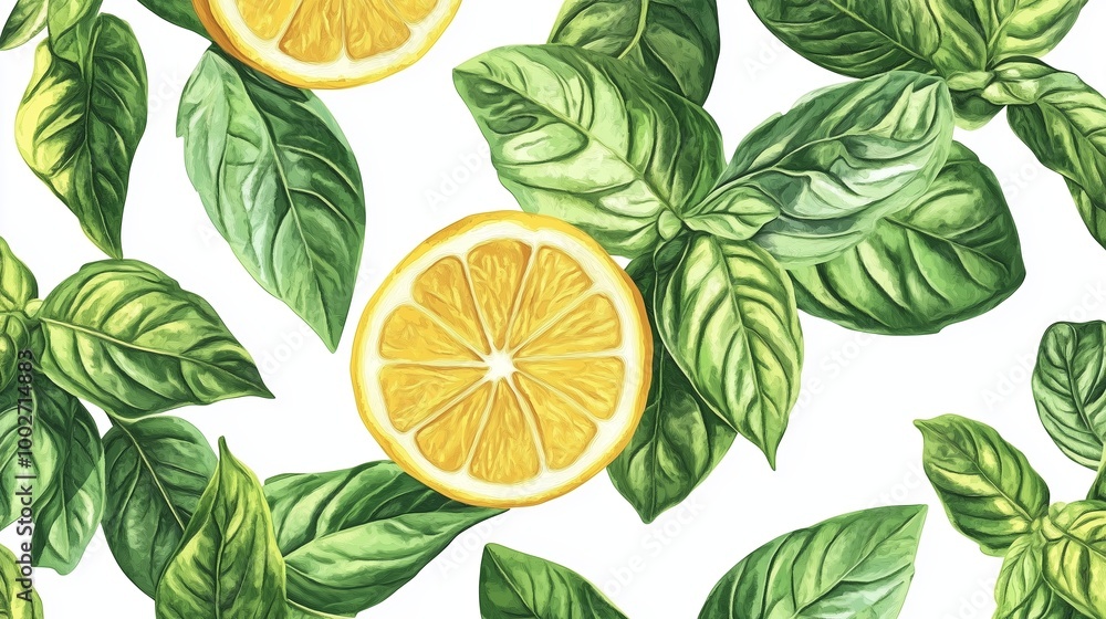 Aufkleber fresh lemon slices surrounded by vibrant basil leaves on a white background, creating an inviting an