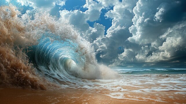 A close-up of a wave crashing against a sandy beach during a storm, with the water churning violently