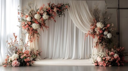 Minimalist style arch backdrop with simple yet elegant features decorated with beautiful floral arrangements creating a stunning and welcoming setting for events weddings or